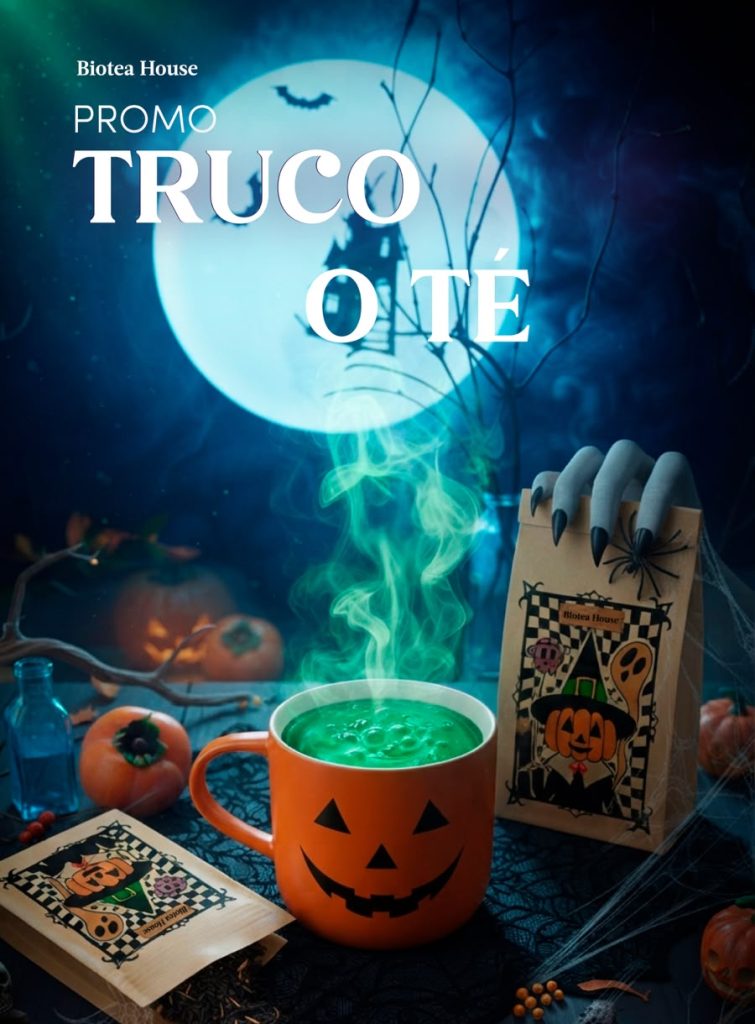 Taza de calabaza con té humeante junto a la bolsa Truco o Té de Biotea House