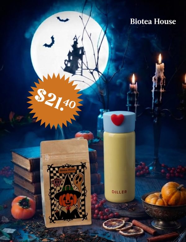 Combo Truco o Té: termo infusor Corazón y una bolsa de té de 50 g